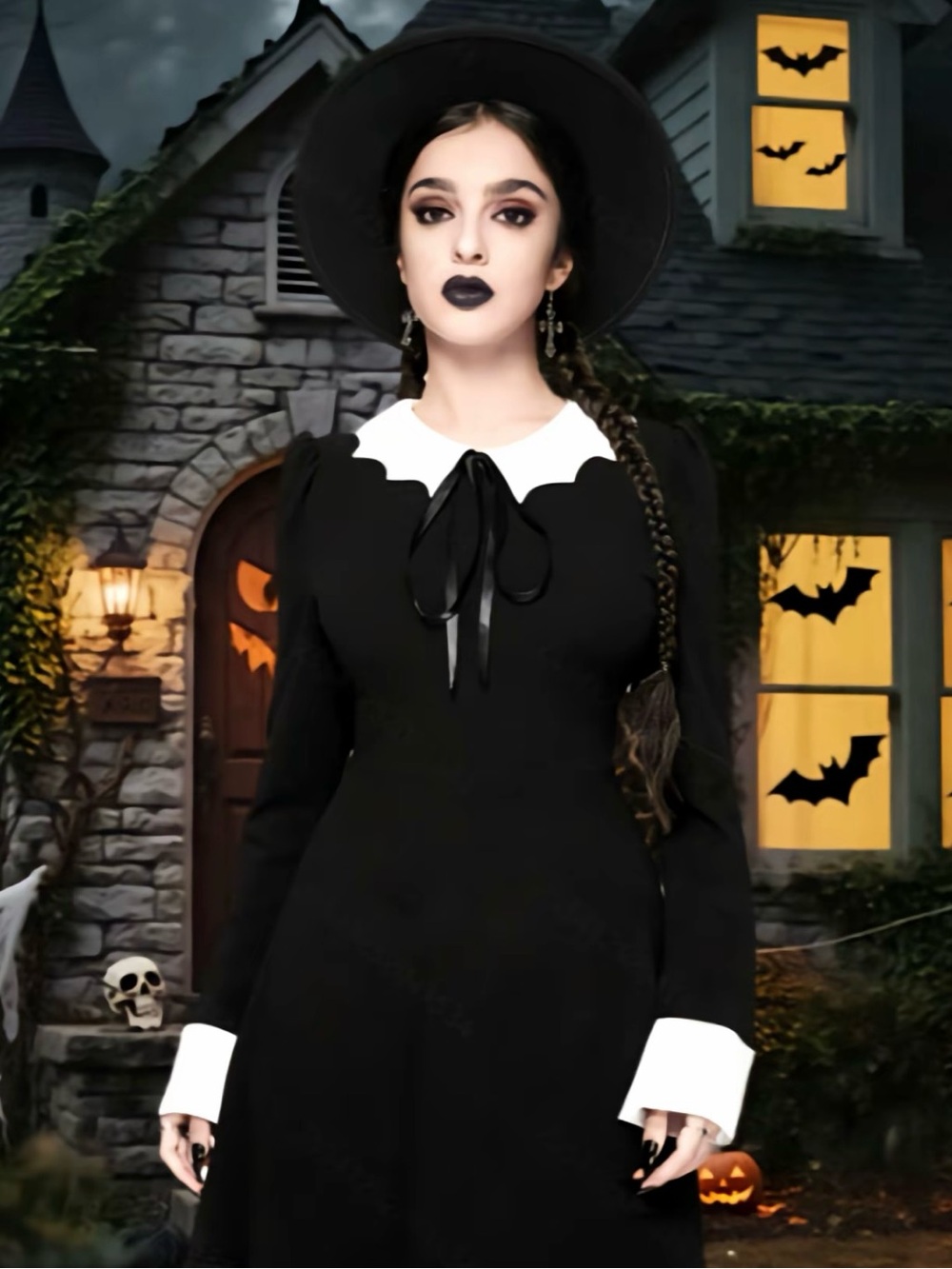 Black Dress with White Collar and Cuffs - Women's Gothic Long Sleeve Dress